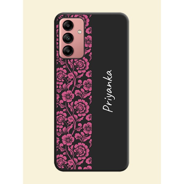 Pink Floral Pattern Design With Custom Text On Space Black Personalized Soft Matte Phone Covers -Samsung Galaxy A04S Pink Floral Pattern Design With Custom Text On Space Black Personalized Soft Matte Phone Covers -Samsung Galaxy A04S