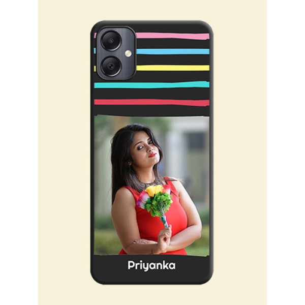 Multicolor Lines with Image On Space Black Custom Soft Matte Mobile Back Cover - Galaxy A05 Multicolor Lines with Image On Space Black Custom Soft Matte Mobile Back Cover - Galaxy A05