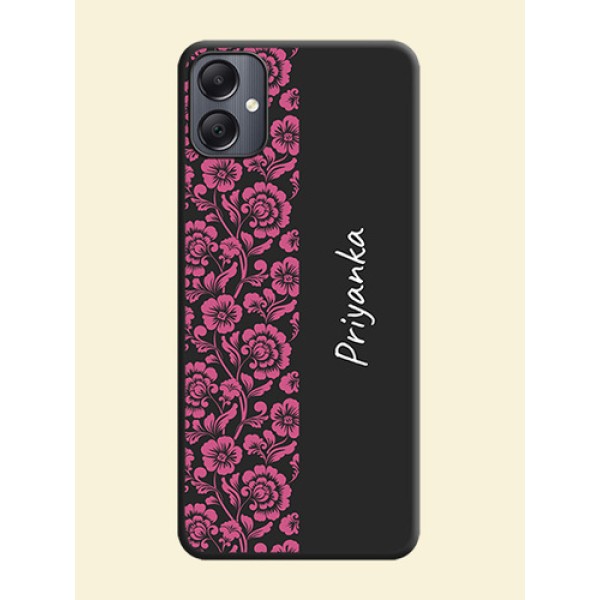 Pink Floral Pattern Design With Custom Text On Space Black Custom Soft Matte Mobile Back Cover - Galaxy A05 Pink Floral Pattern Design With Custom Text On Space Black Custom Soft Matte Mobile Back Cover - Galaxy A05
