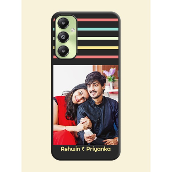 Color Stripes with Photo and Text on Photo On Space Black Custom Soft Matte Mobile Back Cover - Galaxy A05s Color Stripes with Photo and Text on Photo On Space Black Custom Soft Matte Mobile Back Cover - Galaxy A05s