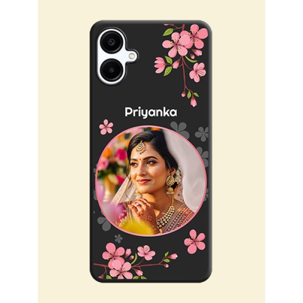 Round Image with Pink Color Floral Design on Photo On Space Black Custom Soft Matte Mobile Back Cover - Galaxy A06 Round Image with Pink Color Floral Design on Photo On Space Black Custom Soft Matte Mobile Back Cover - Galaxy A06