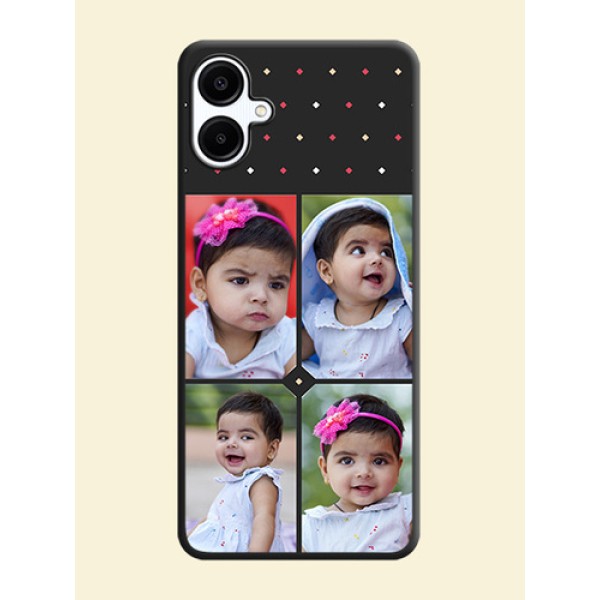 Multicolor Dotted Pattern with 4 Image Holder On Space Black Custom Soft Matte Mobile Back Cover - Galaxy A06 Multicolor Dotted Pattern with 4 Image Holder On Space Black Custom Soft Matte Mobile Back Cover - Galaxy A06