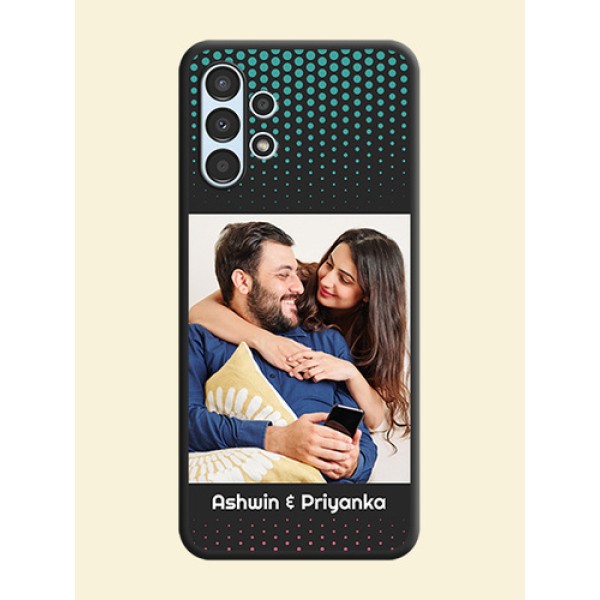 Faded Dots with Grunge Photo Frame and Text on Space Black Custom Soft Matte Phone Cases - Galaxy A13 Faded Dots with Grunge Photo Frame and Text on Space Black Custom Soft Matte Phone Cases - Galaxy A13