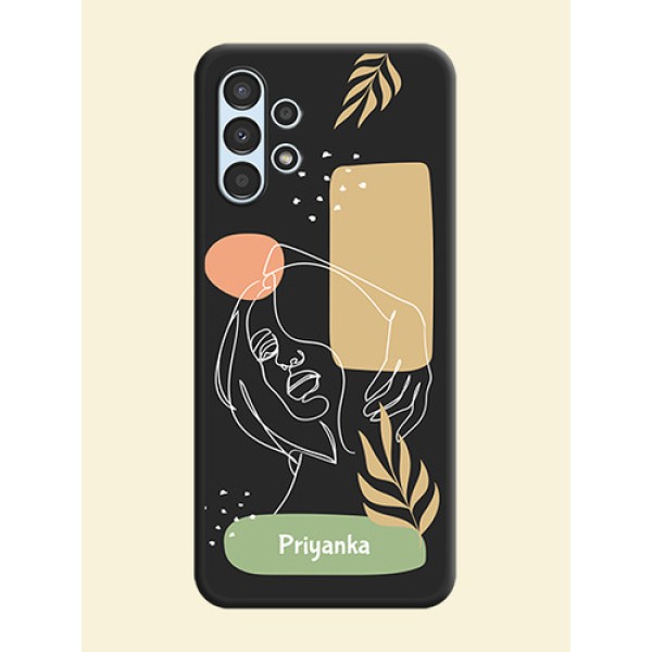 Custom Text With Line Art Of Women & Leaves Design On Space Black Personalized Soft Matte Phone Covers -Samsung Galaxy A13