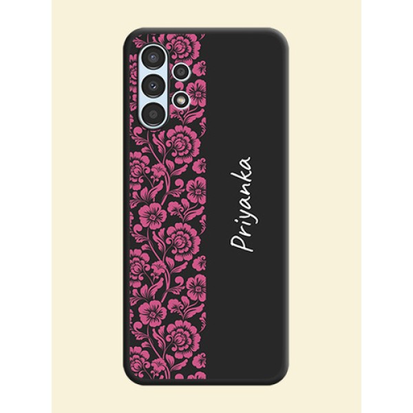 Pink Floral Pattern Design With Custom Text On Space Black Personalized Soft Matte Phone Covers -Samsung Galaxy A13 Pink Floral Pattern Design With Custom Text On Space Black Personalized Soft Matte Phone Covers -Samsung Galaxy A13