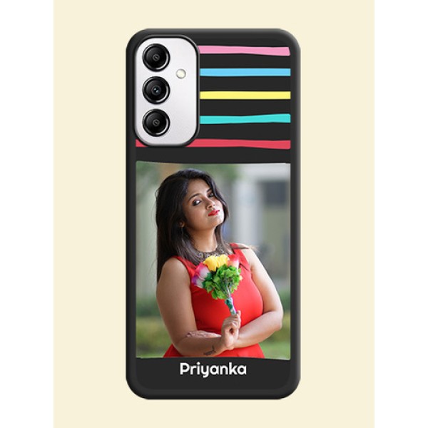 Multicolor Lines with Image on Space Black Personalized Soft Matte Phone Covers -Galaxy A14 4G Multicolor Lines with Image on Space Black Personalized Soft Matte Phone Covers -Galaxy A14 4G