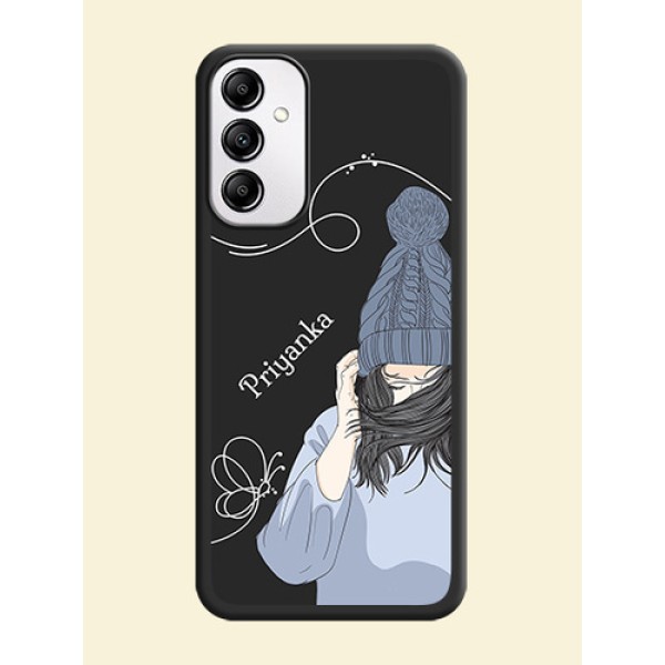 Girl With Blue Winter Outfiit Custom Text Design On Space Black Personalized Soft Matte Phone Covers -AppleGalaxy A14 4G