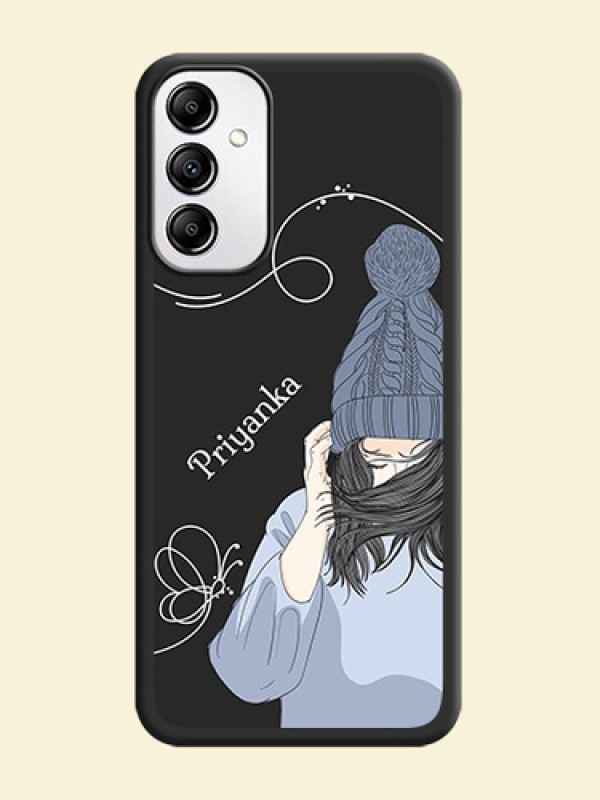 Girl With Blue Winter Outfiit Custom Text Design On Space Black Personalized Soft Matte Phone Covers -AppleGalaxy A14 4G