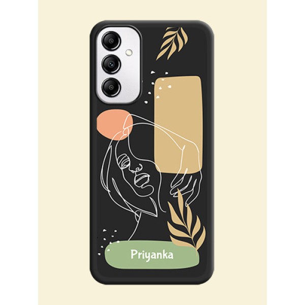 Custom Text With Line Art Of Women & Leaves Design On Space Black Personalized Soft Matte Phone Covers -Samsung Galaxy A14