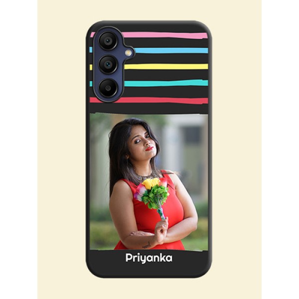 Multicolor Lines with Image on Space Black Personalized Soft Matte Phone Covers - Galaxy A15 5G Multicolor Lines with Image on Space Black Personalized Soft Matte Phone Covers - Galaxy A15 5G