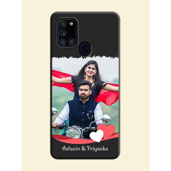 Pink Color Love Shaped Ribbon Design with Text on Space Black Custom Soft Matte Phone Back Cover - Galaxy A21S Pink Color Love Shaped Ribbon Design with Text on Space Black Custom Soft Matte Phone Back Cover - Galaxy A21S