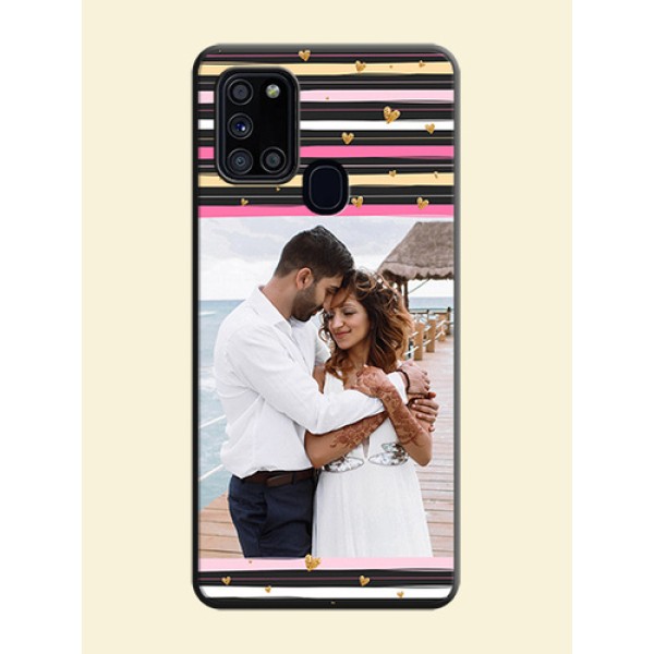 Multicolor Lines and Golden Love Symbols Design - Photo on Space Black Soft Matte Mobile Cover - Galaxy A21S Multicolor Lines and Golden Love Symbols Design - Photo on Space Black Soft Matte Mobile Cover - Galaxy A21S