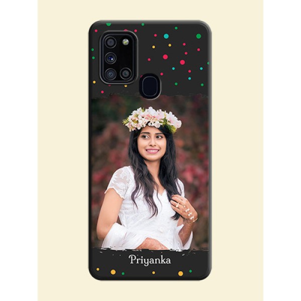 Multicolor Dotted Pattern with Text on Space Black Custom Soft Matte Phone Back Cover - Galaxy A21S Multicolor Dotted Pattern with Text on Space Black Custom Soft Matte Phone Back Cover - Galaxy A21S