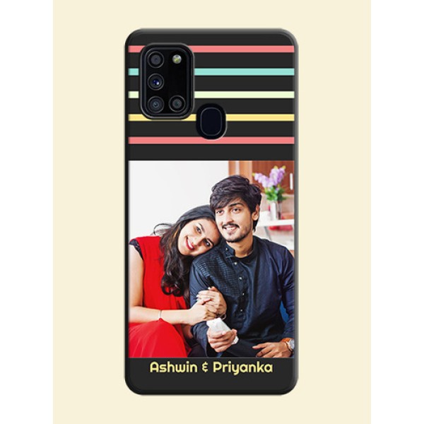 Color Stripes with Photo and Text - Photo on Space Black Soft Matte Mobile Case - Galaxy A21S Color Stripes with Photo and Text - Photo on Space Black Soft Matte Mobile Case - Galaxy A21S