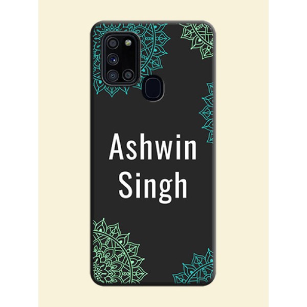 Your Name with Floral Design on Space Black Custom Soft Matte Back Cover - Galaxy A21S