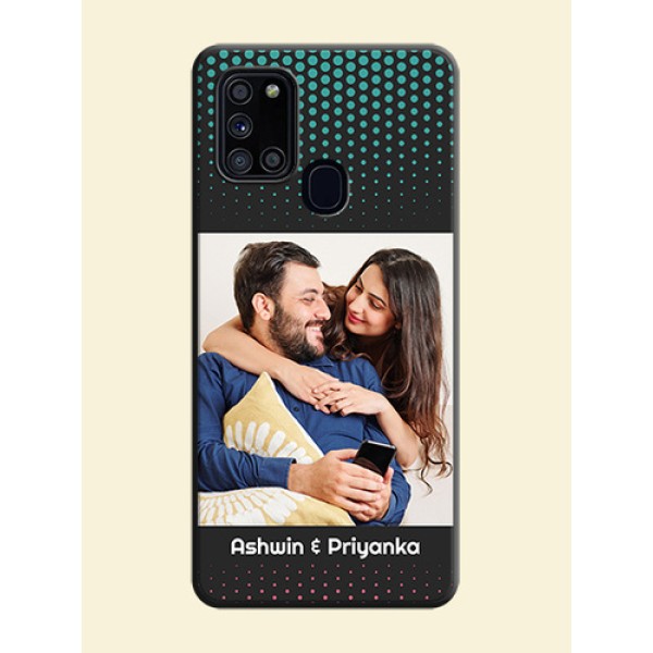 Faded Dots with Grunge Photo Frame and Text on Space Black Custom Soft Matte Phone Cases - Galaxy A21S Faded Dots with Grunge Photo Frame and Text on Space Black Custom Soft Matte Phone Cases - Galaxy A21S
