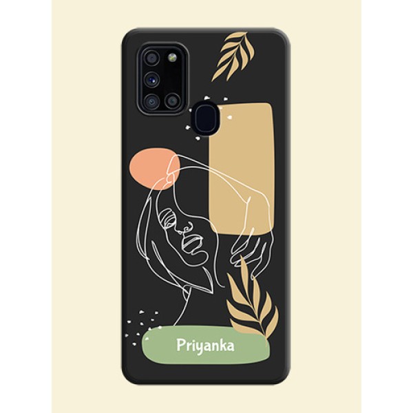 Custom Text With Line Art Of Women & Leaves Design On Space Black Personalized Soft Matte Phone Covers -Samsung Galaxy A21S