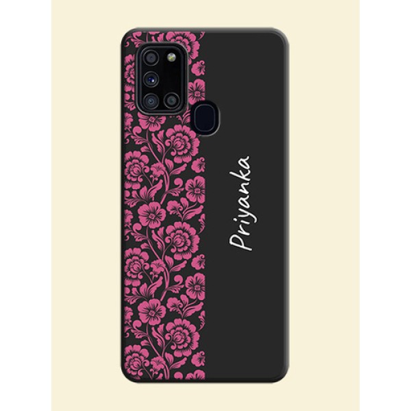 Pink Floral Pattern Design With Custom Text On Space Black Personalized Soft Matte Phone Covers -Samsung Galaxy A21S Pink Floral Pattern Design With Custom Text On Space Black Personalized Soft Matte Phone Covers -Samsung Galaxy A21S