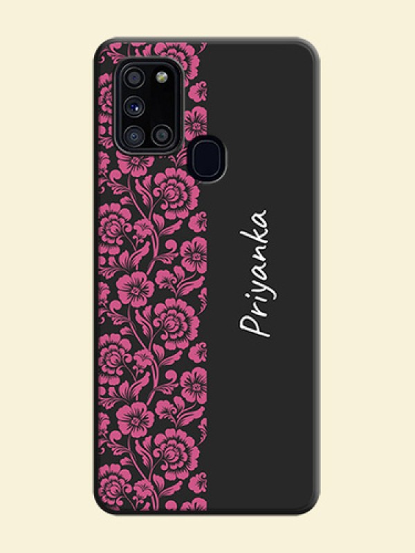 Pink Floral Pattern Design With Custom Text On Space Black Personalized Soft Matte Phone Covers -Samsung Galaxy A21S