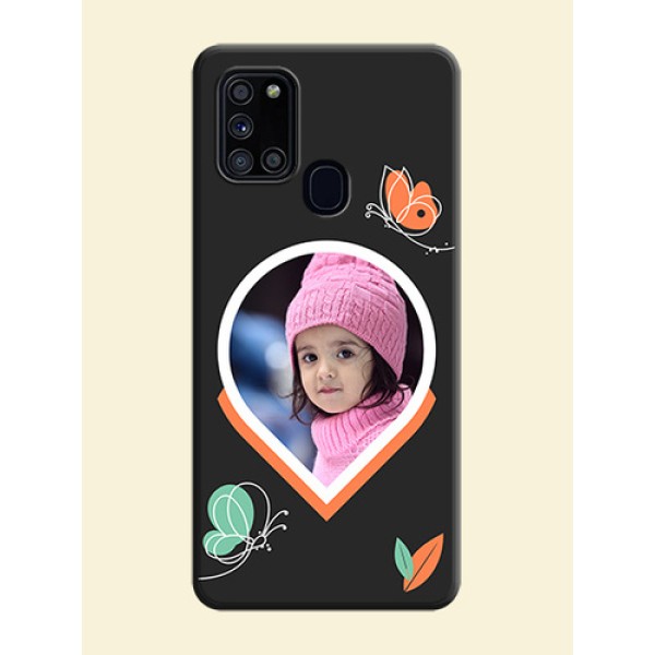Upload Pic With Simple Butterly Design On Space Black Personalized Soft Matte Phone Covers -Samsung Galaxy A21S Upload Pic With Simple Butterly Design On Space Black Personalized Soft Matte Phone Covers -Samsung Galaxy A21S