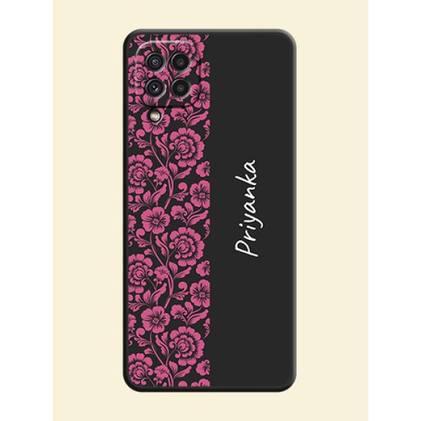Pink Floral Pattern Design With Custom Text On Space Black Personalized Soft Matte Phone Covers -Samsung Galaxy A22 4G Pink Floral Pattern Design With Custom Text On Space Black Personalized Soft Matte Phone Covers -Samsung Galaxy A22 4G