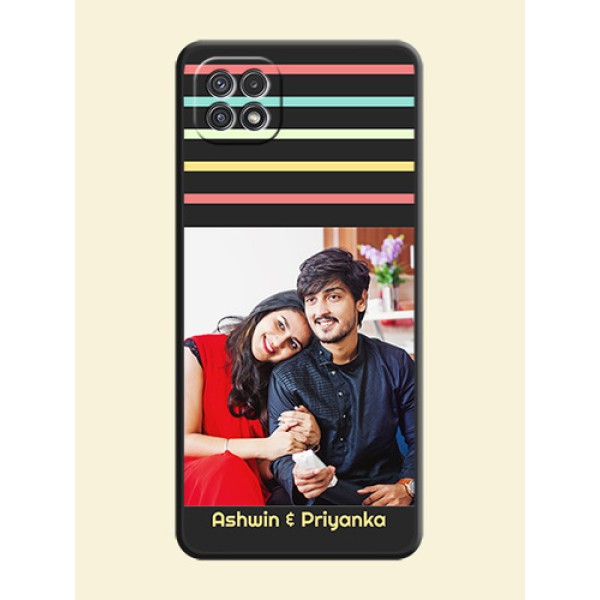 Color Stripes with Photo and Text on Photo on Space Black Soft Matte Mobile Case - Galaxy A22 5G Color Stripes with Photo and Text on Photo on Space Black Soft Matte Mobile Case - Galaxy A22 5G