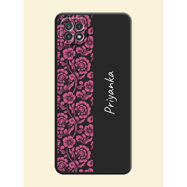 Pink Floral Pattern Design With Custom Text On Space Black Personalized Soft Matte Phone Covers -Samsung Galaxy A22 5G Pink Floral Pattern Design With Custom Text On Space Black Personalized Soft Matte Phone Covers -Samsung Galaxy A22 5G