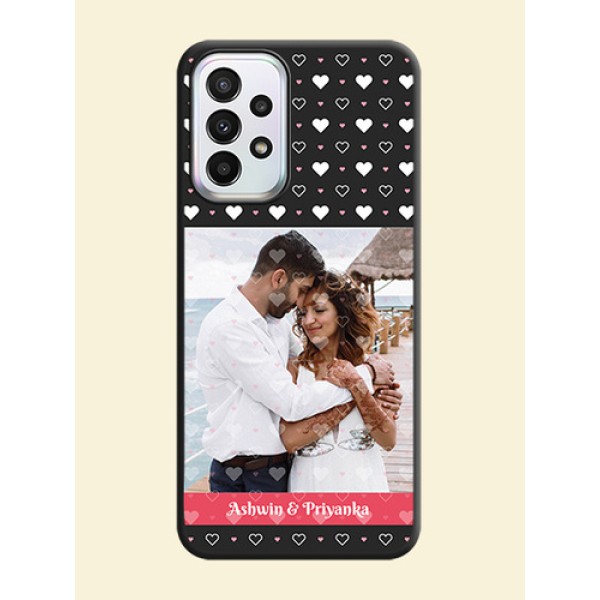 White Color Love Symbols with Text Design on Photo on Space Black Soft Matte Phone Cover - Galaxy A23 White Color Love Symbols with Text Design on Photo on Space Black Soft Matte Phone Cover - Galaxy A23