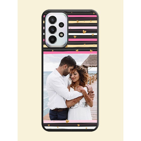 Multicolor Lines and Golden Love Symbols Design on Photo on Space Black Soft Matte Mobile Cover - Galaxy A23 Multicolor Lines and Golden Love Symbols Design on Photo on Space Black Soft Matte Mobile Cover - Galaxy A23