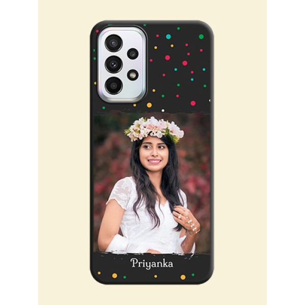 Multicolor Dotted Pattern with Text on Space Black Custom Soft Matte Phone Back Cover - Galaxy A23 Multicolor Dotted Pattern with Text on Space Black Custom Soft Matte Phone Back Cover - Galaxy A23
