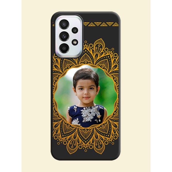 Round Image with Floral Design on Photo on Space Black Soft Matte Mobile Cover - Galaxy A23 Round Image with Floral Design on Photo on Space Black Soft Matte Mobile Cover - Galaxy A23