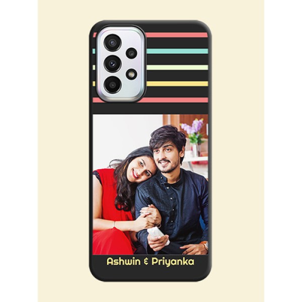 Color Stripes with Photo and Text on Photo on Space Black Soft Matte Mobile Case - Galaxy A23 Color Stripes with Photo and Text on Photo on Space Black Soft Matte Mobile Case - Galaxy A23
