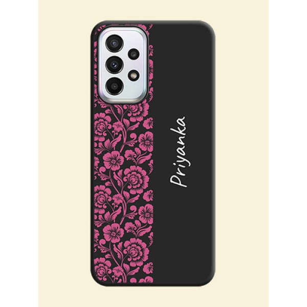 Pink Floral Pattern Design With Custom Text On Space Black Personalized Soft Matte Phone Covers -Samsung Galaxy A23 5G Pink Floral Pattern Design With Custom Text On Space Black Personalized Soft Matte Phone Covers -Samsung Galaxy A23 5G