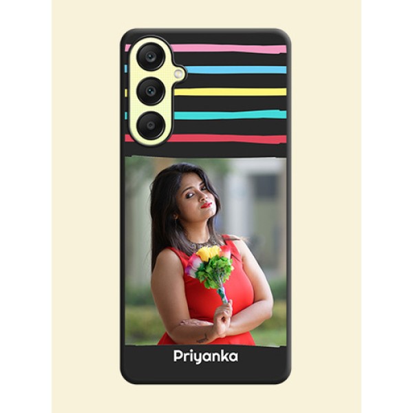 Multicolor Lines with Image on Space Black Personalized Soft Matte Phone Covers - Galaxy A25 5G Multicolor Lines with Image on Space Black Personalized Soft Matte Phone Covers - Galaxy A25 5G