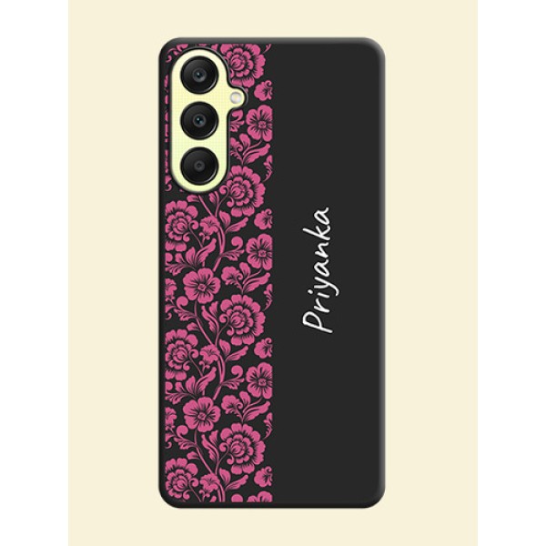 Pink Floral Pattern Design With Custom Text On Space Black Personalized Soft Matte Phone Covers - Galaxy A25 5G Pink Floral Pattern Design With Custom Text On Space Black Personalized Soft Matte Phone Covers - Galaxy A25 5G