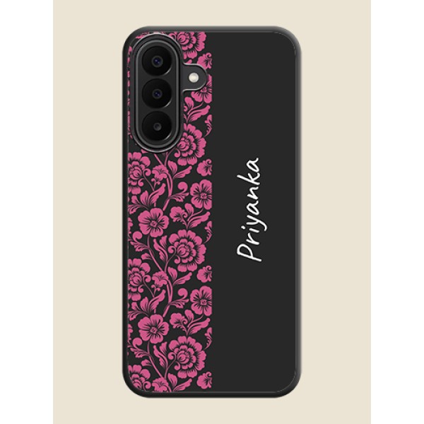 Pink Floral Pattern Design With Custom Text On Space Black Custom Soft Matte Mobile Back Cover - Samsung Galaxy A27 5G Pink Floral Pattern Design With Custom Text On Space Black Custom Soft Matte Mobile Back Cover - Samsung Galaxy A27 5G
