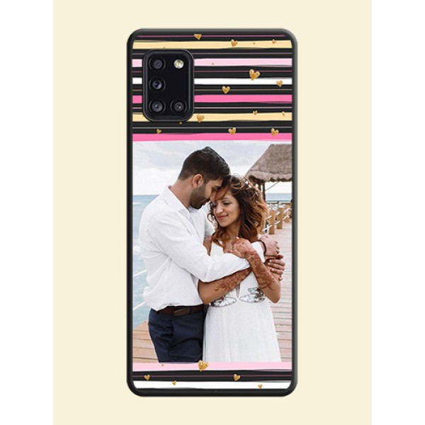 Multicolor Lines and Golden Love Symbols Design on Photo on Space Black Soft Matte Mobile Cover - Galaxy A31 Multicolor Lines and Golden Love Symbols Design on Photo on Space Black Soft Matte Mobile Cover - Galaxy A31