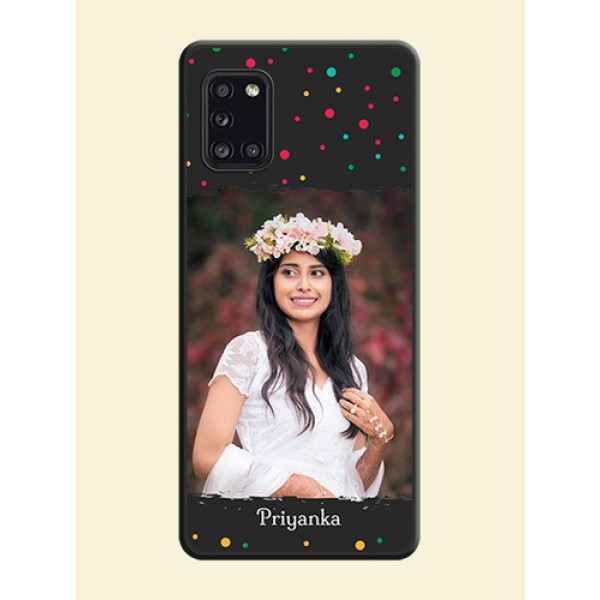 Multicolor Dotted Pattern with Text on Space Black Custom Soft Matte Phone Back Cover - Galaxy A31 Multicolor Dotted Pattern with Text on Space Black Custom Soft Matte Phone Back Cover - Galaxy A31