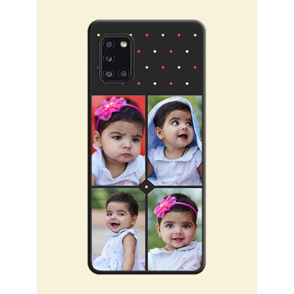 Multicolor Dotted Pattern with 4 Image Holder on Space Black Custom Soft Matte Phone Cases - Galaxy A31 Multicolor Dotted Pattern with 4 Image Holder on Space Black Custom Soft Matte Phone Cases - Galaxy A31