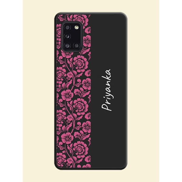 Pink Floral Pattern Design With Custom Text On Space Black Personalized Soft Matte Phone Covers -Samsung Galaxy A31 Pink Floral Pattern Design With Custom Text On Space Black Personalized Soft Matte Phone Covers -Samsung Galaxy A31