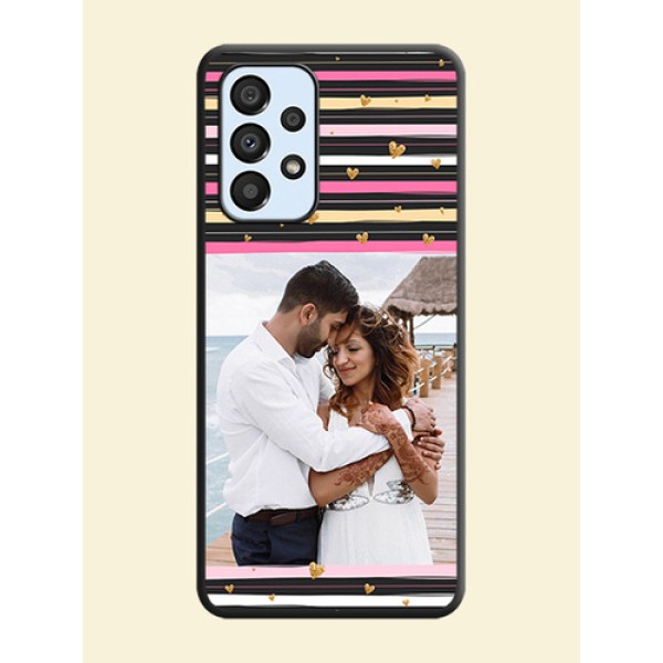 Multicolor Lines and Golden Love Symbols Design on Photo on Space Black Soft Matte Mobile Cover - Galaxy A33 5G Multicolor Lines and Golden Love Symbols Design on Photo on Space Black Soft Matte Mobile Cover - Galaxy A33 5G