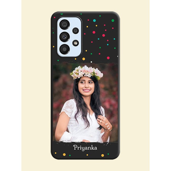Multicolor Dotted Pattern with Text on Space Black Custom Soft Matte Phone Back Cover - Galaxy A33 5G Multicolor Dotted Pattern with Text on Space Black Custom Soft Matte Phone Back Cover - Galaxy A33 5G