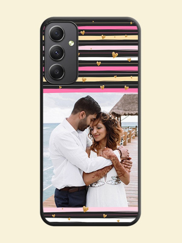 Multicolor Lines and Golden Love Symbols Design on Photo on Space Black Soft Matte Mobile Cover - Galaxy A34 5G