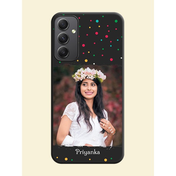 Multicolor Dotted Pattern with Text on Space Black Custom Soft Matte Phone Back Cover - Galaxy A34 5G Multicolor Dotted Pattern with Text on Space Black Custom Soft Matte Phone Back Cover - Galaxy A34 5G