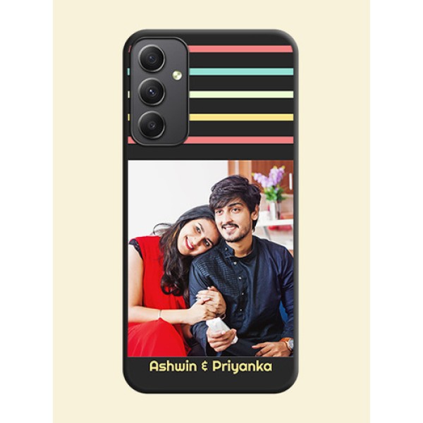 Color Stripes with Photo and Text on Photo on Space Black Soft Matte Mobile Case - Galaxy A34 5G Color Stripes with Photo and Text on Photo on Space Black Soft Matte Mobile Case - Galaxy A34 5G