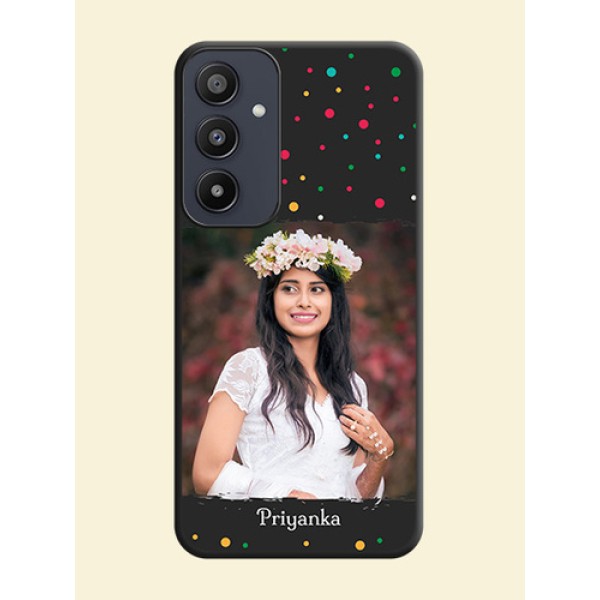 Multicolor Dotted Pattern with Text on Space Black Custom Soft Matte Phone Back Cover - Galaxy A35 5G Multicolor Dotted Pattern with Text on Space Black Custom Soft Matte Phone Back Cover - Galaxy A35 5G