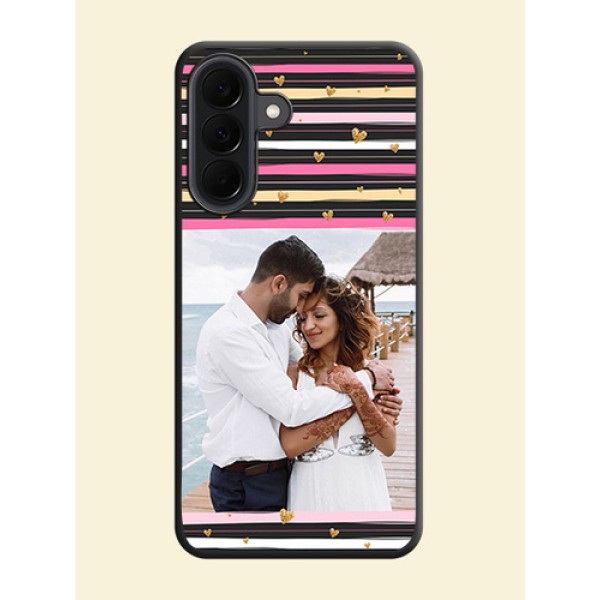 Multicolor Lines and Golden Love Symbols Design on Photo On Space Black Custom Soft Matte Mobile Back Cover - Samsung Galaxy A37 5G