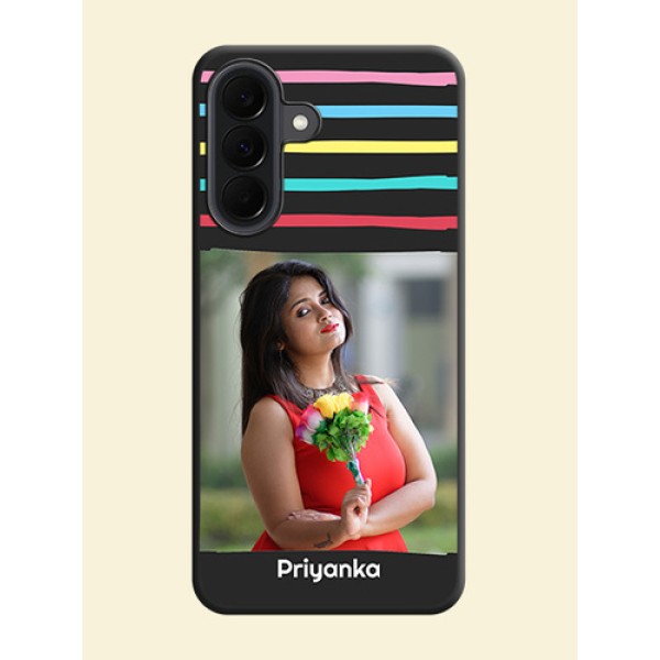 Multicolor Lines with Image On Space Black Custom Soft Matte Mobile Back Cover - Samsung Galaxy A37 5G Multicolor Lines with Image On Space Black Custom Soft Matte Mobile Back Cover - Samsung Galaxy A37 5G