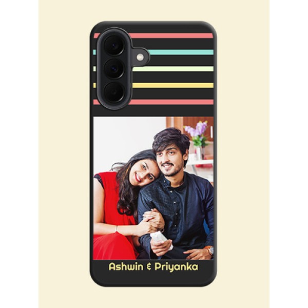 Color Stripes with Photo and Text on Photo On Space Black Custom Soft Matte Mobile Back Cover - Samsung Galaxy A37 5G Color Stripes with Photo and Text on Photo On Space Black Custom Soft Matte Mobile Back Cover - Samsung Galaxy A37 5G
