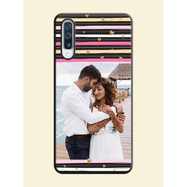 Multicolor Lines and Golden Love Symbols Design - Photo on Space Black Soft Matte Mobile Cover - Galaxy A50S Multicolor Lines and Golden Love Symbols Design - Photo on Space Black Soft Matte Mobile Cover - Galaxy A50S